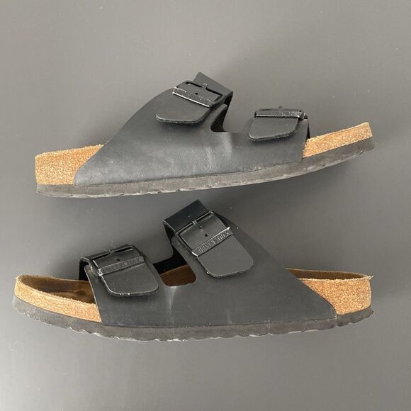 Birkenstock Arizona Birko-Flor Black Leather Sandals US 8-8.5 Boho Coastal Beach - Picture 2 of 15